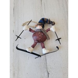 Rustic snowman skier skiing ornament Xmas hat bell